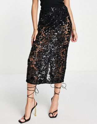 Topshop premium hand embellished sheer lace midi skirt in black