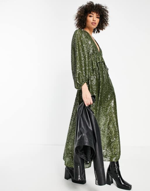 Topshop premium sequin maxi dress in khaki 