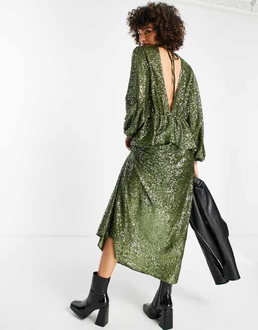 Topshop premium sequin maxi dress in khaki
