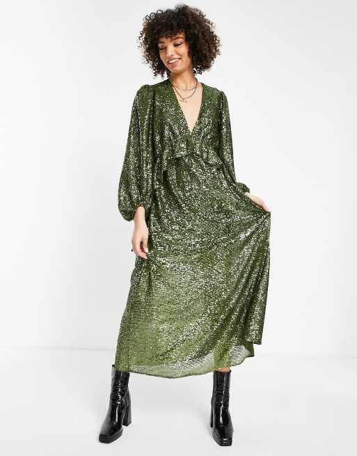 Topshop premium sequin maxi in khaki