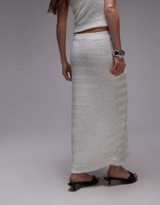 Topshop premium sequin midi skirt co-ord in white, 3 of 5
