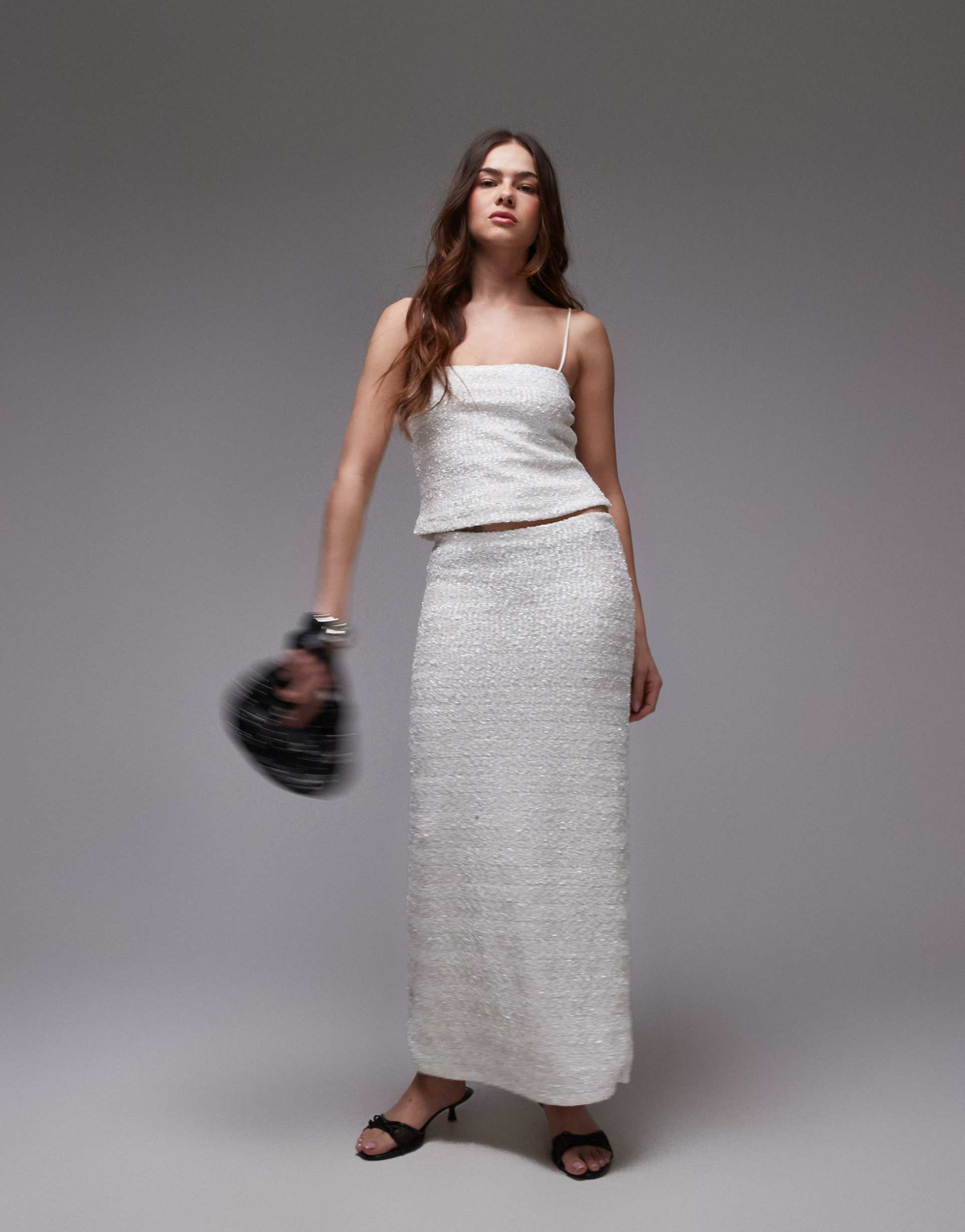 topshop premium sequin midi skirt in white - part of a set