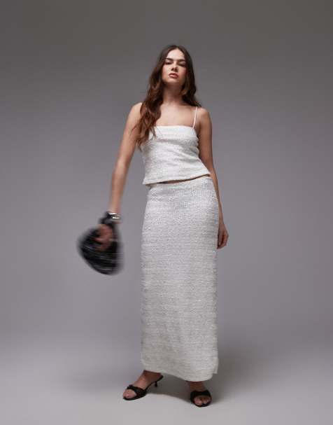 Topshop premium sequin midi skirt co-ord in white