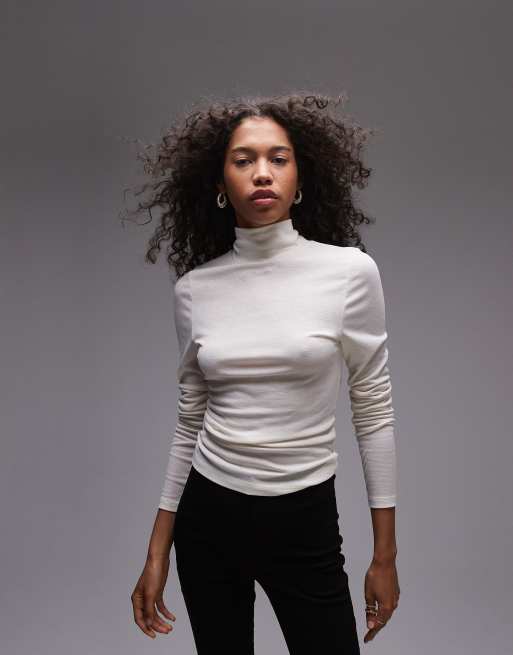 Topshop premium sheer high neck long sleeve top in cream