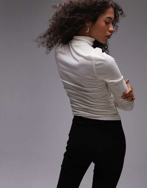 Topshop premium sheer high neck long sleeve top in cream
