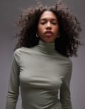 [Topshop] Topshop premium sheer high neck long sleeve top in washed khaki-No colour XS Washed khaki