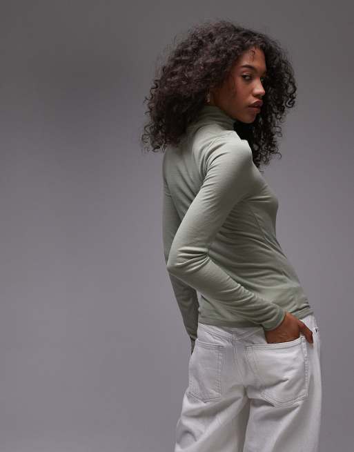 Topshop premium sheer high neck long sleeve top in washed khaki
