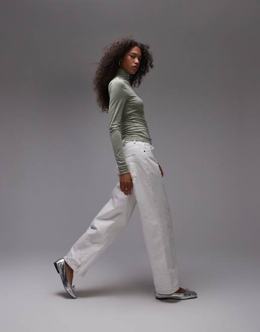 Topshop premium sheer high neck long sleeve top in washed khaki