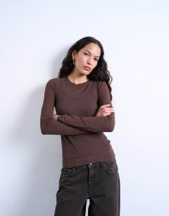 Premium sheer rib double layer long sleeve top in chocolate