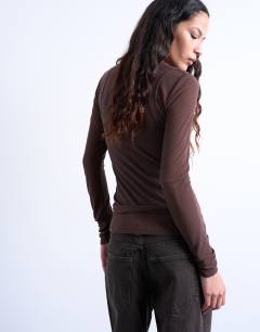 Model wearing Premium sheer rib double layer long sleeve top in chocolate