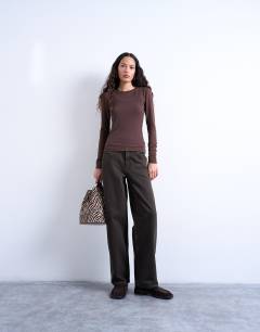 Model wearing Premium sheer rib double layer long sleeve top in chocolate