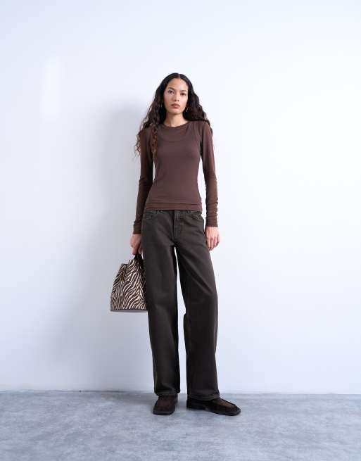 Topshop premium sheer rib double layer long sleeve top in chocolate, 3 of 4