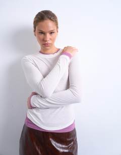 Premium sheer rib double layer long sleeve top in cream and pink
