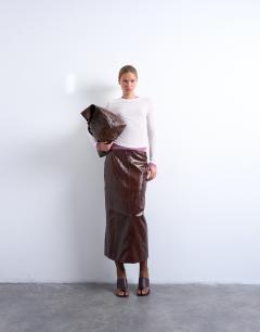 Model wearing Premium sheer rib double layer long sleeve top in cream and pink