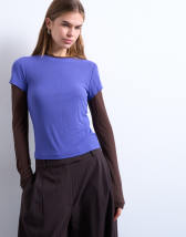 Topshop premium sheer rib double layer long sleeve top in purple