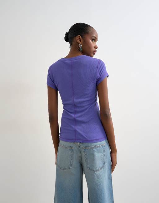 Topshop premium sheer rib knit long sleeve top in purple, 4 of 4