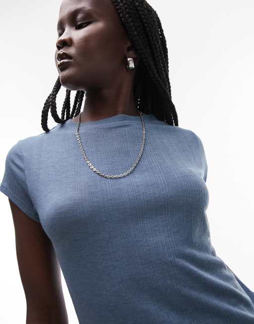 Topshop premium sheer ribbed longline everyday tee in blue