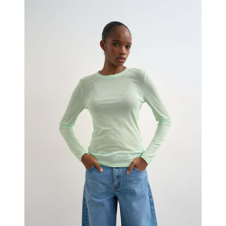 Topshop premium sheer rib scoop neck long sleeve top in mint green | ASOS
