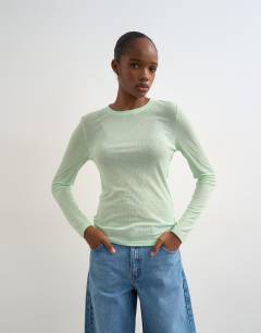 Premium sheer rib scoop neck long sleeve top in mint green