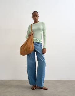 Model wearing Premium sheer rib scoop neck long sleeve top in mint green