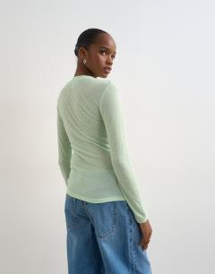 Model wearing Premium sheer rib scoop neck long sleeve top in mint green