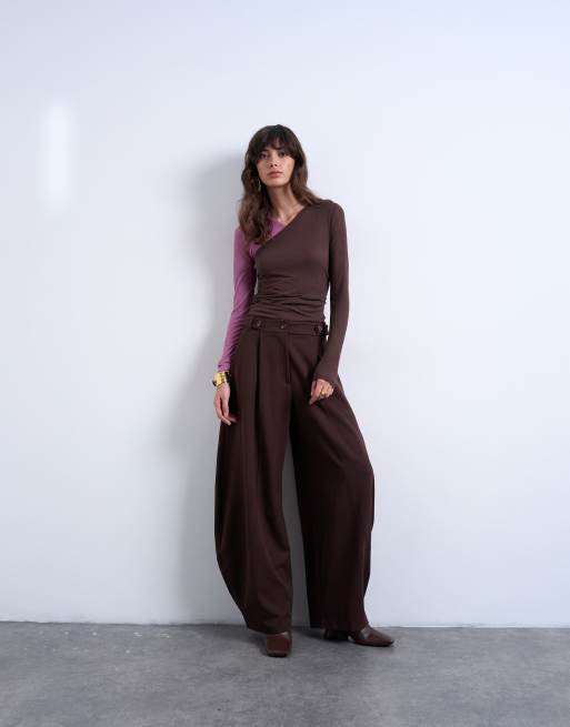 Topshop premium sheer rib v-neck double layer long sleeve top in pink and chocolate, 2 of 4