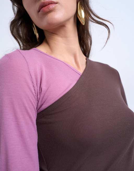 Topshop premium sheer rib v-neck double layer long sleeve top in pink and chocolate, 4 of 4