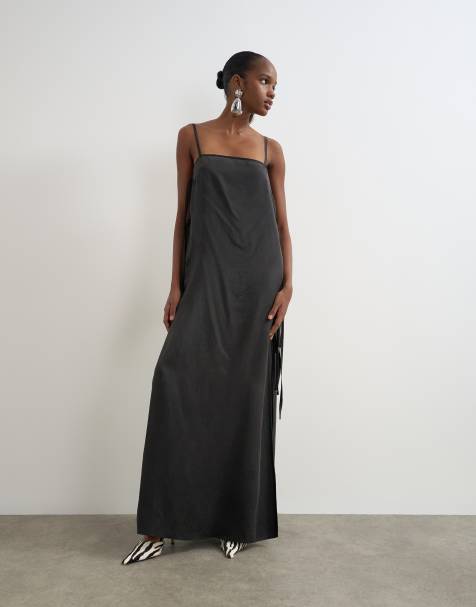 Topshop premium silk touch unlined maxi slip dress with satin tie side details in black - view 1