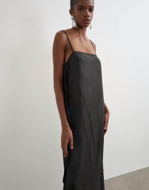 Topshop premium silk touch unlined maxi slip dress with satin tie side details in black, 2 of 4