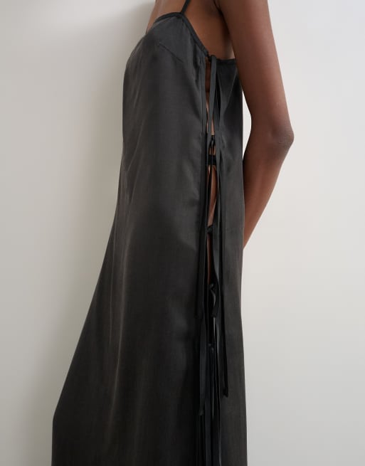 Topshop premium silk touch unlined maxi slip dress with satin tie side details in black, 3 of 4