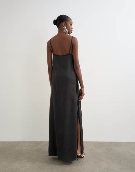 Topshop premium silk touch unlined maxi slip dress with satin tie side details in black, 4 of 4
