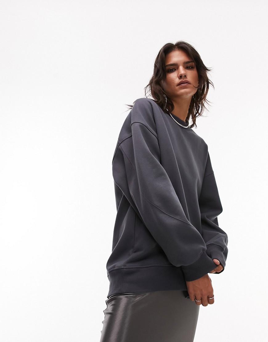 topshop - premium - skiffergrå lång sweatshirt med dekorativ'söm-marinblå