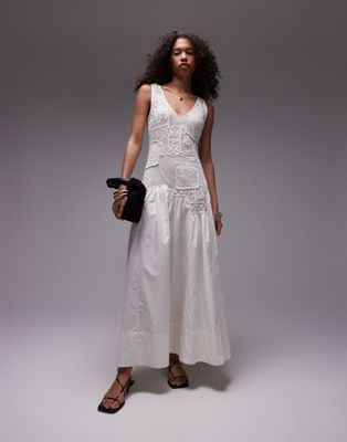 premium sleeveless eyelet midi dress with removable lining in ivory-White