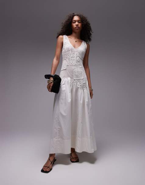 Topshop premium sleeveless eyelet midi dress with removable lining in ivory - view 1