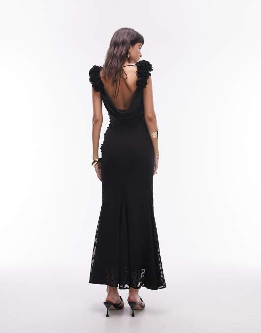 Topshop premium slip maxi dress with 3D ruffle sleeve in black