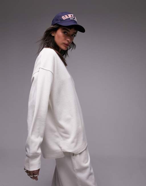 Topshop premium slouchy long sleeve v neck sweat in ecru (part of a set)