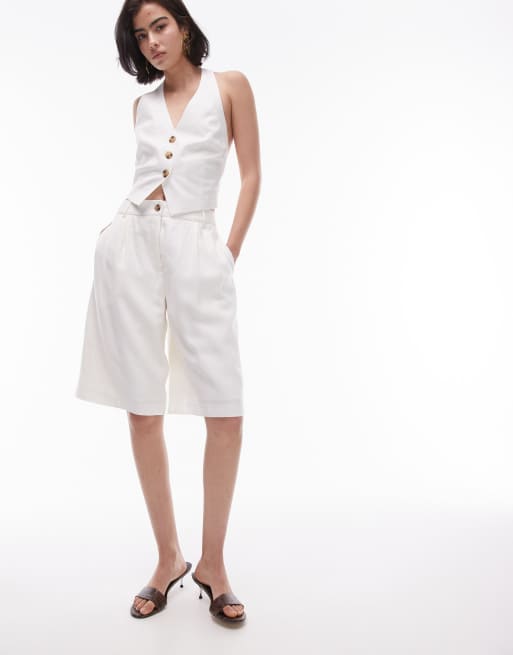 Topshop premium slouchy long tailored shorts in ecru, 3 of 5