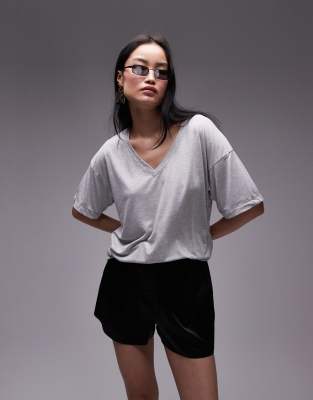 Topshop Premium Slouchy V Neck Tee In White In Gray
