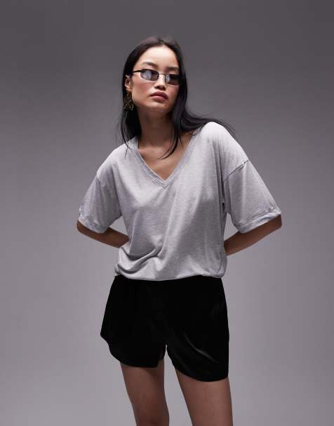 Topshop premium slouchy v neck tee in grey marl - view 1