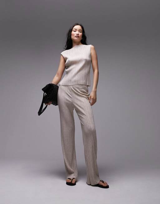 Topshop premium soft marl plisse wide leg pants in beige