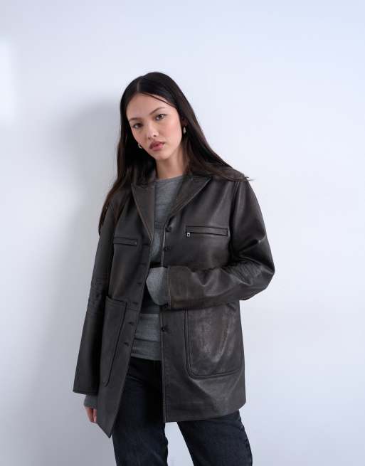 Topshop - Premium - Sort forvasket blazer i ægte kæder med patch-lommer