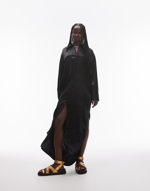 Topshop - Premium - Sort maxi-skjortekjole med længere kant bagpå i satin