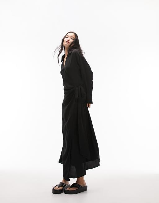 Topshop - Premium - Sort midi-skjortekjole med bindedetalje 