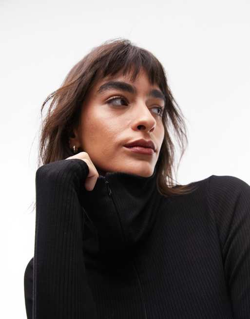 Topshop - Premium - Sort og langærmet top med åben krave med lynlås, 2 af 4