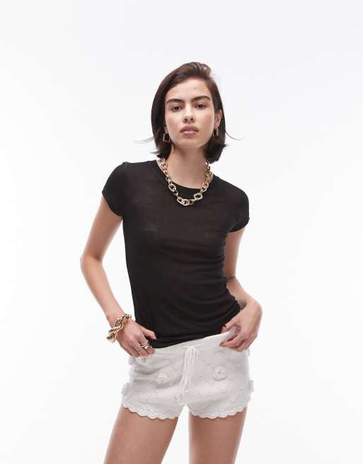 Topshop - Premium - Sort ribstrikket transparent lang T-shirt
