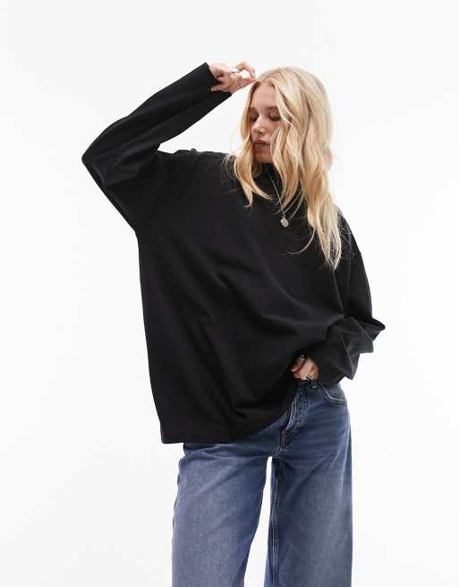 Topshop - Premium - Sort skater-T-shirt med lange ærmer og sømdetaljer