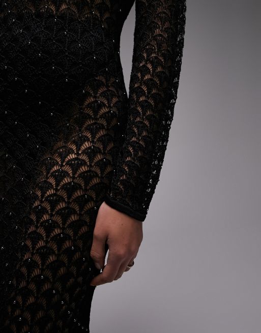 Topshop - Premium - Sort strikket kjole med lange ærmer og perler, 4 af 4
