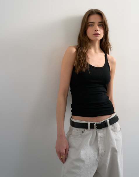 Topshop premium spaghetti strap scoop neck racer back tank top in black - view 1