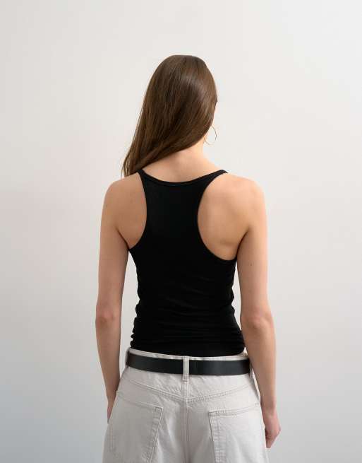 Topshop premium spaghetti strap scoop neck racer back tank top in black, 4 of 4