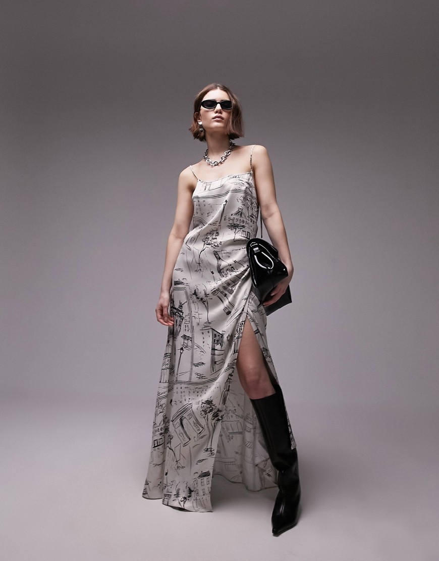 Topshop Premium Square Neck Wrap Midi Slip Dress In Sketch Print-multi